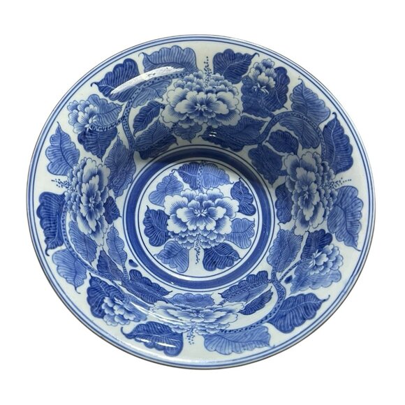 Blue White VNTG Porcelain Peony Bowl Large 10.5” Decor Bowl Floral Chinoserie - Picture 5 of 5